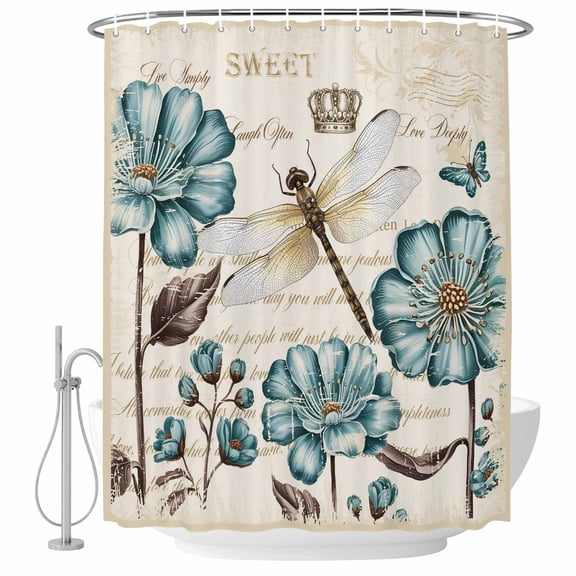 Dragonfly Shower Curtain Set with Hooks, Art Teal Floral Blooming Wildflowers Retro Paper Texture Water Repellent Shower Curtains for Bathroom Decor Sturdy Shower Curtain, Machine Washable 72x72 Inch