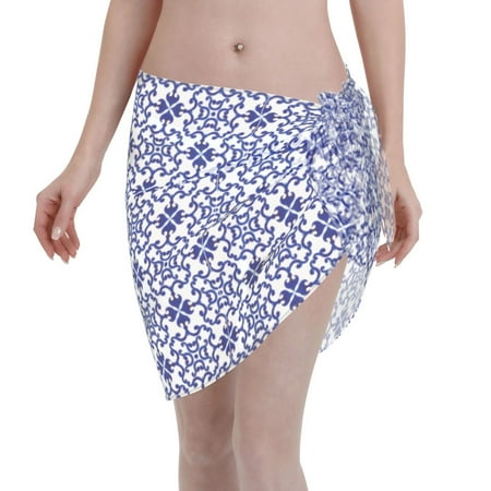 Adobk Women Beach Sarong Bathing Suit Blue And White Porcelain Chinaware Print Wrap Skirt Sheer Bikini Swimsuit Cover Ups For Swimwear