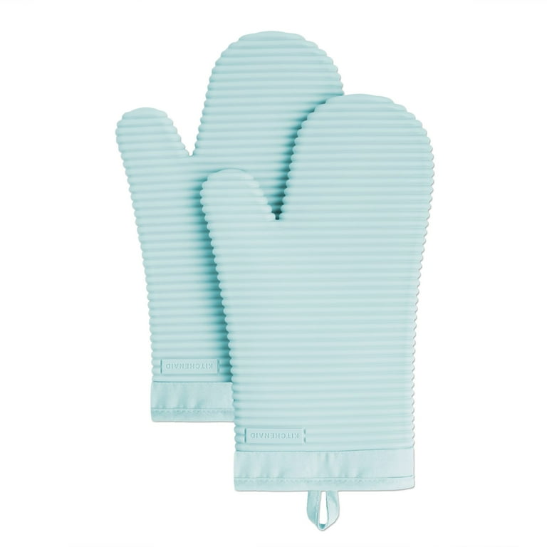 KitchenAid Ribbed Soft Silicone Oven Mitt Set of 2 - Aqua Sky