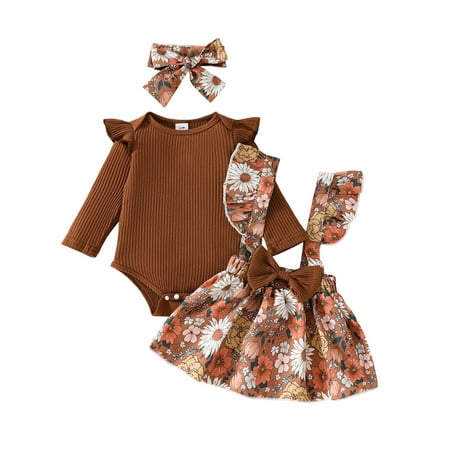 

Sedceaty Baby Toddler Girls Clothing Set Long Sleeve Ruffled Trim Romper Floral Overalls Skirt Headband Adorable Outfits