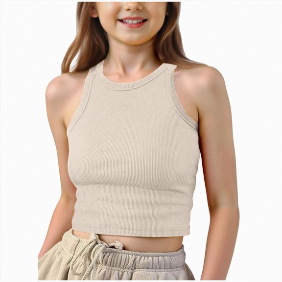 TAmten Tank Tops Girls Girls Tank Tops Kids Summer Crewneck Sleeveless Shirts Dancewear(Beige,9-10 Years)