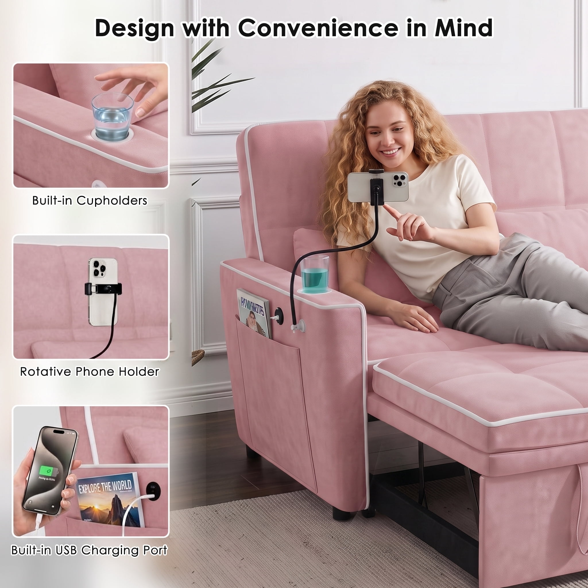 AISWORD 54" Convertible Sleeper Sofa Bed, Pull Out Loveseat Couch with USB Port, Phone Holder & Cup Holder, Adjustable Backrest for Apartment, Living Room, Office, Pink