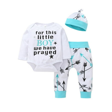 

QWERTYU Newborn Infant Baby Toddler Boy Long Sleeve Outfits Letter Print Bodysuit and Pants Set Clothes Set with Hat 0-2Y Sky Blue 70