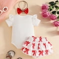thumbnail image 4 of NOLDARES Newborn Baby Girl Romper 3Pcs Clothing Set Jumpsuit Ruffle Trim Short Sleeve Shorts Bow Headband Summer Outfits(Red,3-6 M), 4 of 7