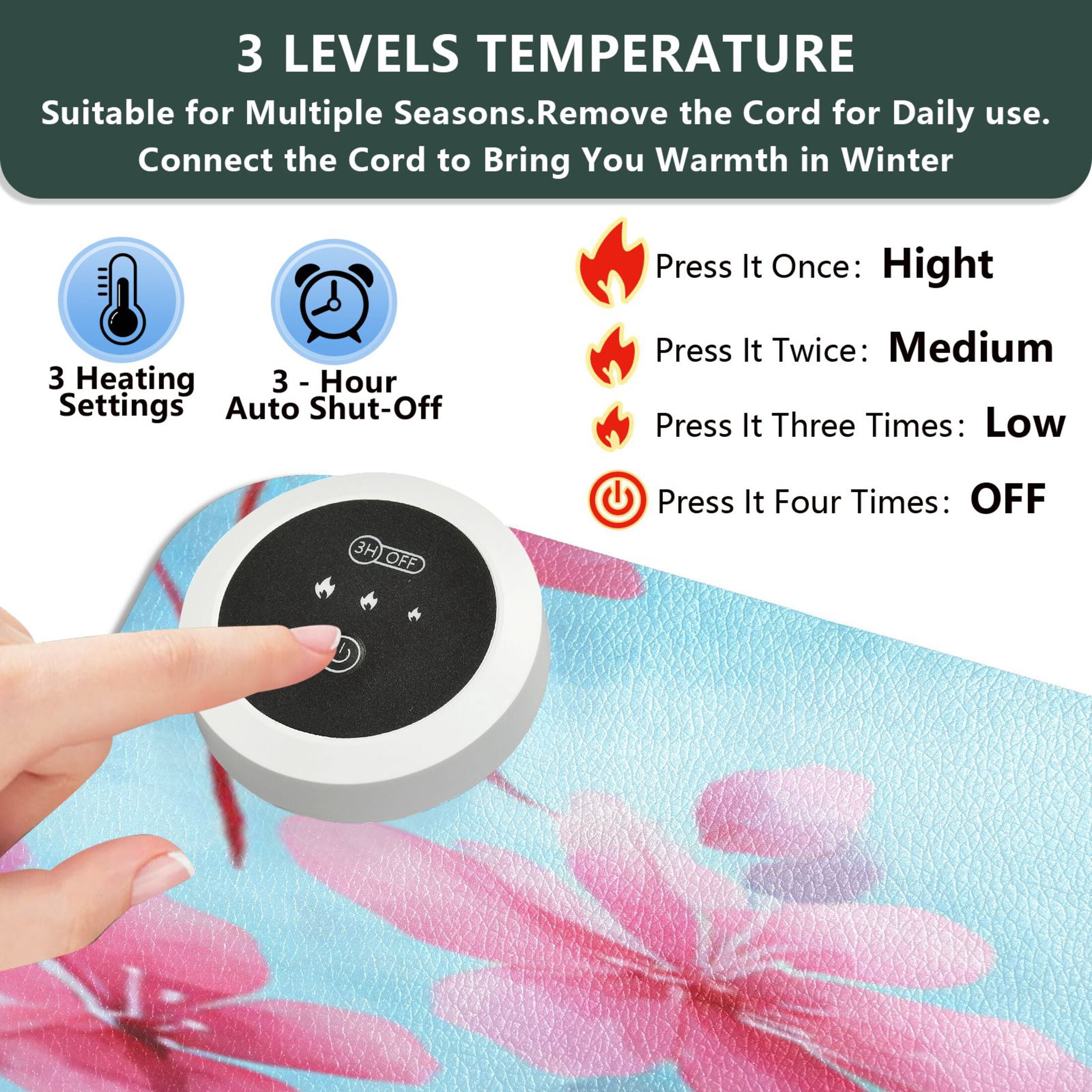 Large Heated Desk Mat Mouse Pad 31.5"x13"PU Leather Graphene Heating Desk Warmer with 3 Temperature Settings 110V US Plug Non-Slip Warm Pad for Home, Office, and Gaming Cute Pink Delicate Flowers