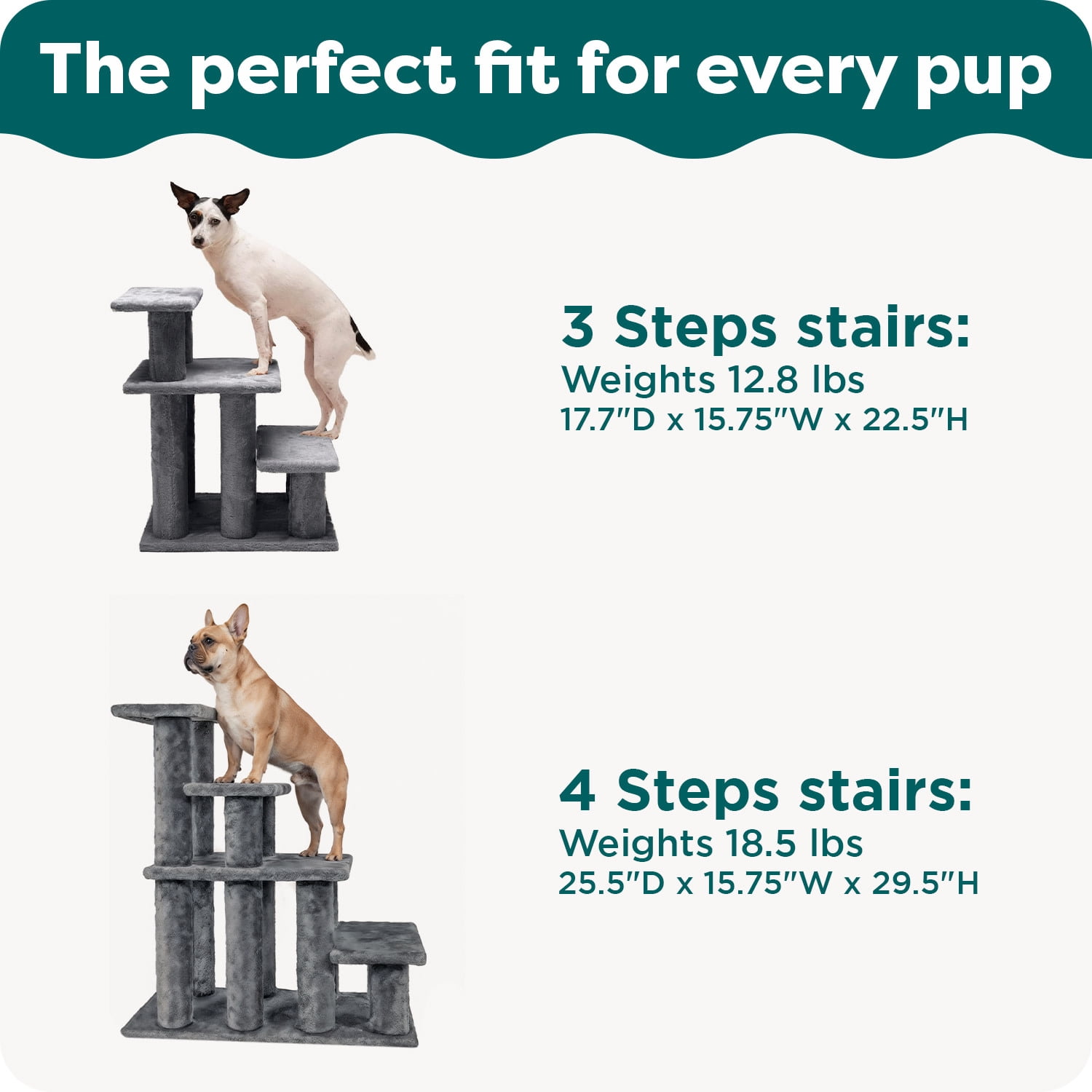 FurHaven Steady Paws Multi-Step Pet Stairs for High Beds & Sofas, Faux Fur Covered Dog Stairs for Small & Large Dogs, 3-Step Design, Plush Faux Fur, Gray