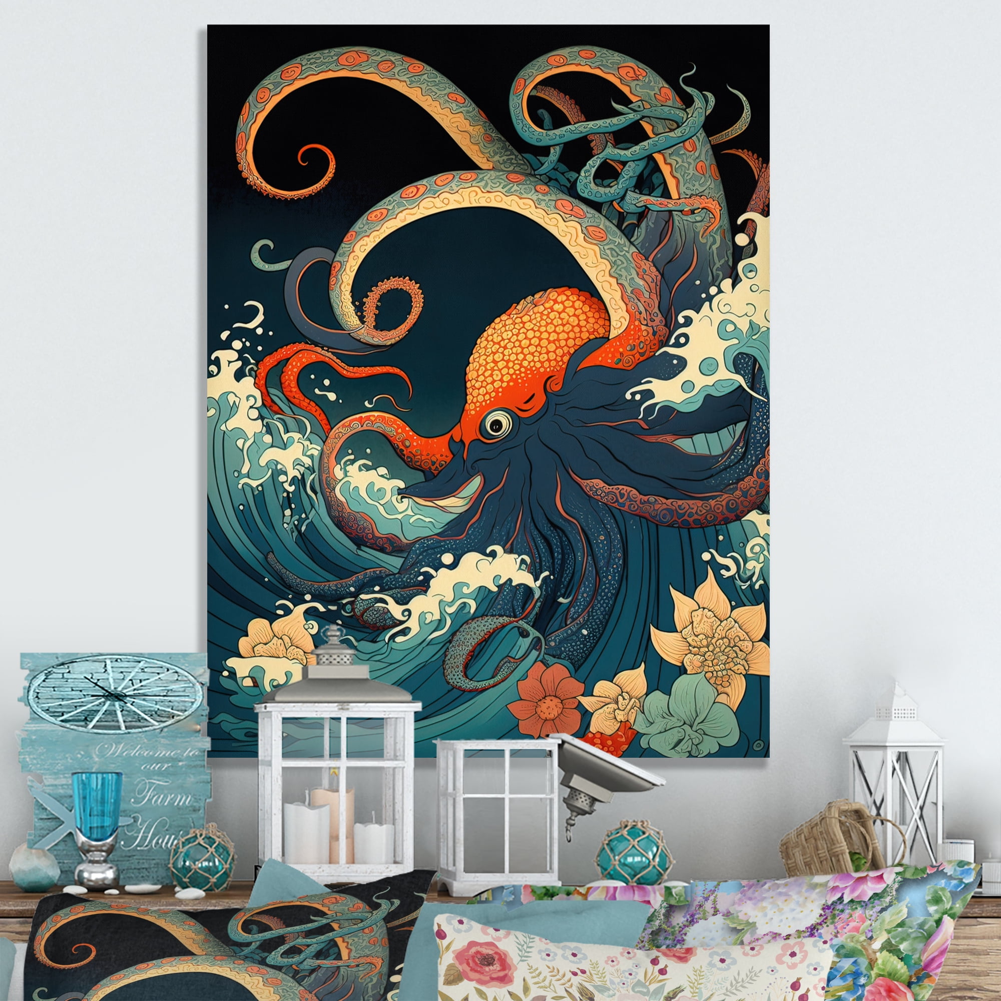Designart Japanese Landscape With Octopus V Canvas Wall Art