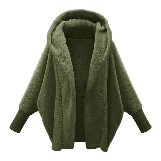 GDREDA Womens Winter Long Sleeve Solid Fuzzy Open Front Hooded Cardigans Jacket Coats Outerwear With Pocket Army Green,S