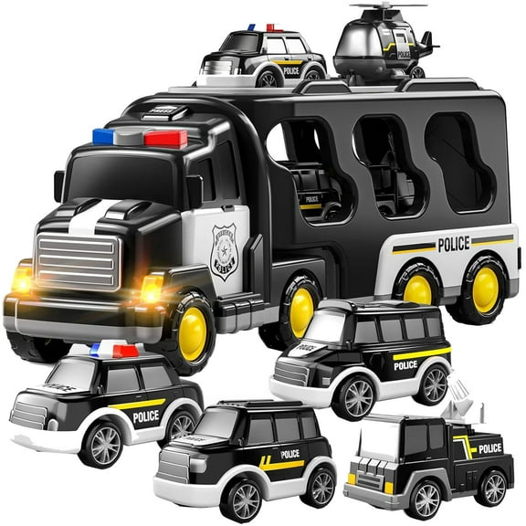 Gallickan Police Truck Toy for 3 4 5 6 Years Old Kids, Carrier Vehicle Toy Set with 3 Small Cars and 1 Helicopter, Kids Firction Powered Car for Age 3-9, Gifts for Boys and Girls