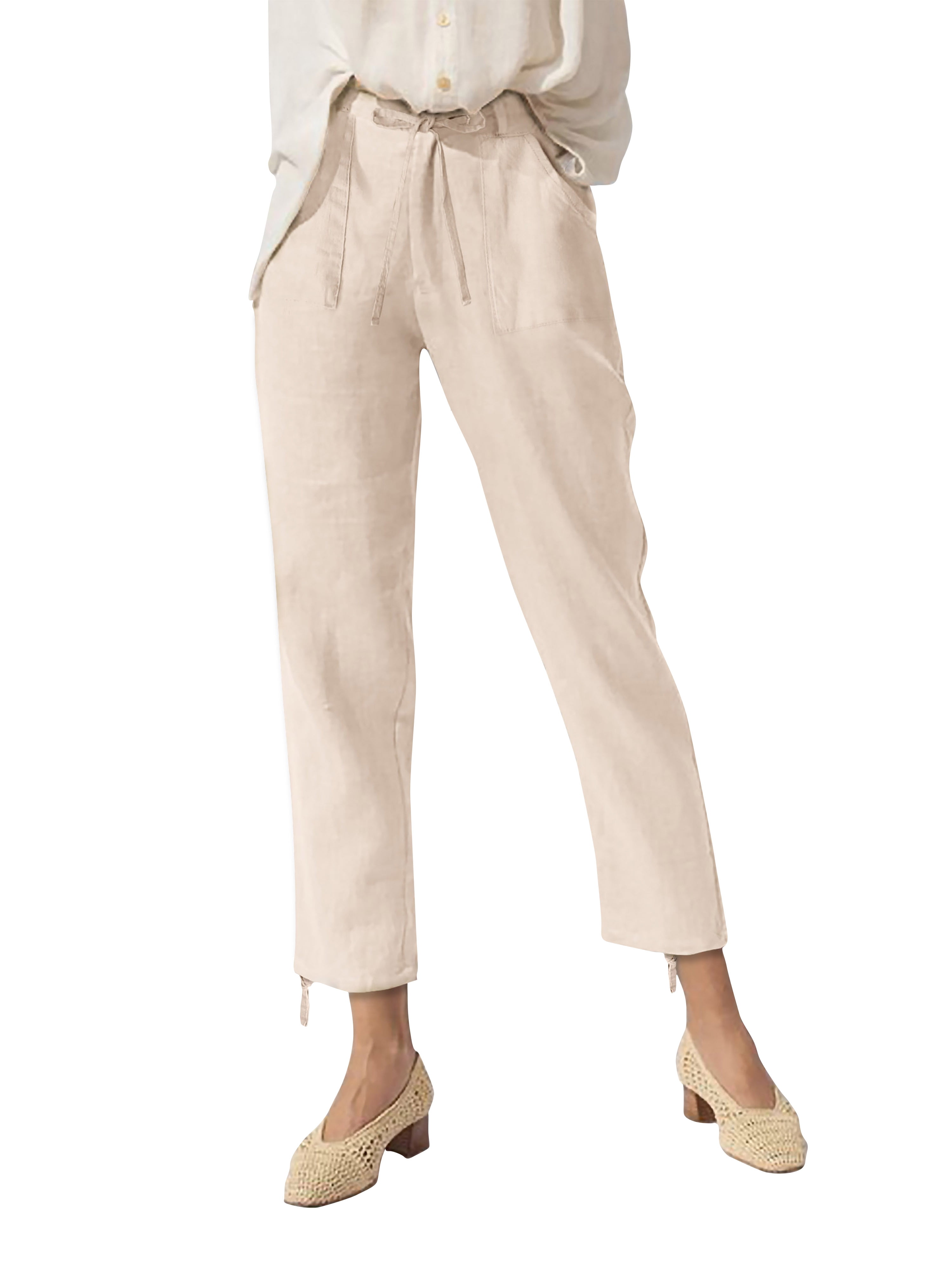Women's Light Beige Linen Trousers Loose Fitting Wide Leg Trousers Woman Comfy Ladies Linen Pants with Elasticated Waist and Drawstring