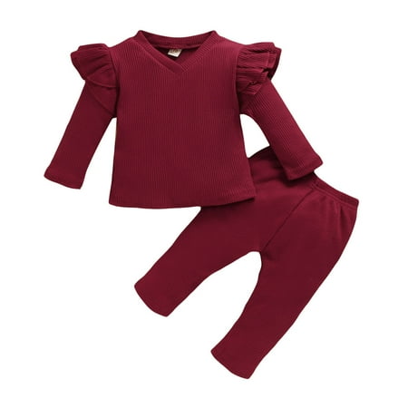 

Honeeladyy Winter Toddler Baby Girls Long Sleeve Ruffles Solid Tops+Pants Outfits Set Red Discount
