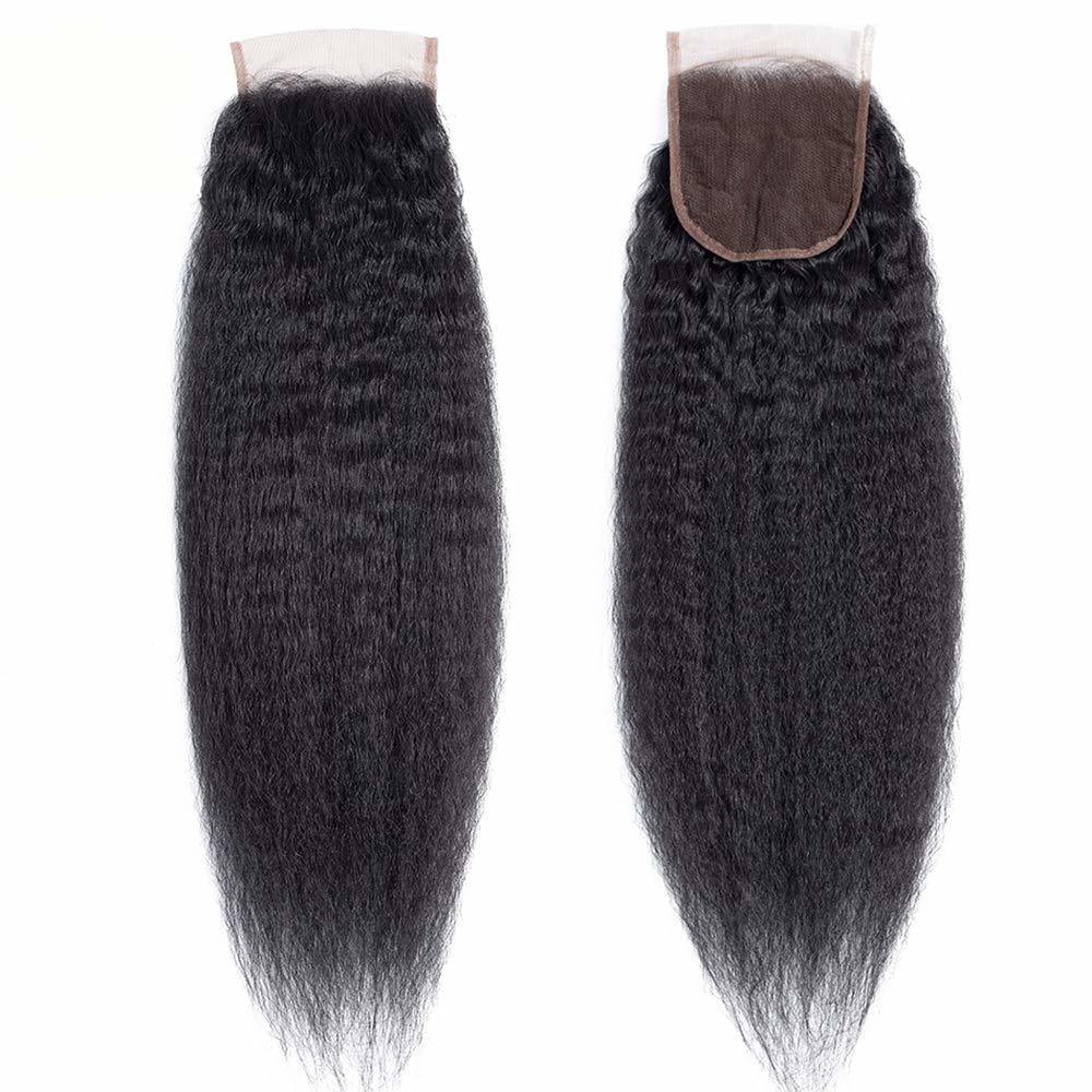 Kinky Straight Human Hair 3 Bundles With Closure Free Part Natural Black(22 24 26with 20)