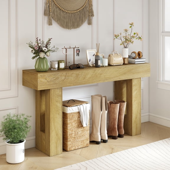 HOMCOM 63 Inch Console Table, Narrow Sofa Table Behind the Couch, Farmhouse Entryway Table for Living Room, Hallway, Entrance, Oak