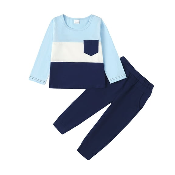 Toddler Baby Boys Clothes Baby Boys Outfits Long Sleeve Round Neckline Patchwork Top Pants 2PCS Boys Fall Winter Clothing Set Blue 18-24 Months