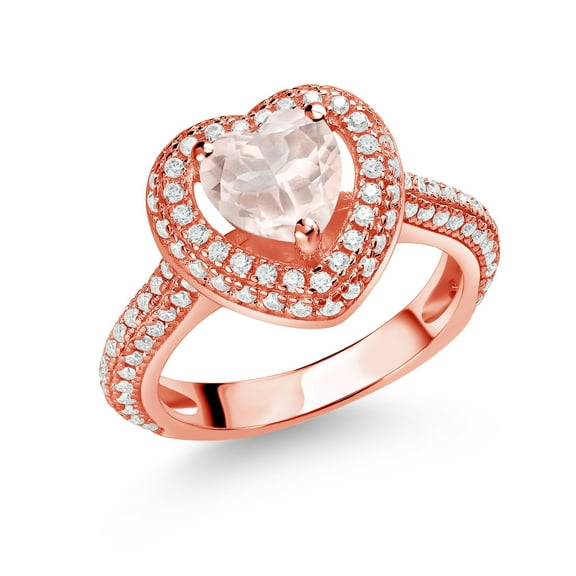 Gem Stone King 18K Rose Gold Plated Silver Rose Rose Quartz and White Moissanite Heart Shape Ring for Women (1.34 Cttw, Size 9)