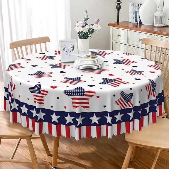 4th of July Round Tablecloth 70 Inch Independence Day Fourth of July Star Patriotic Table Cloth Washable Spillproof Fabric Table Cover for Indoor Outdoor Kitchen Dinning Party Supplies