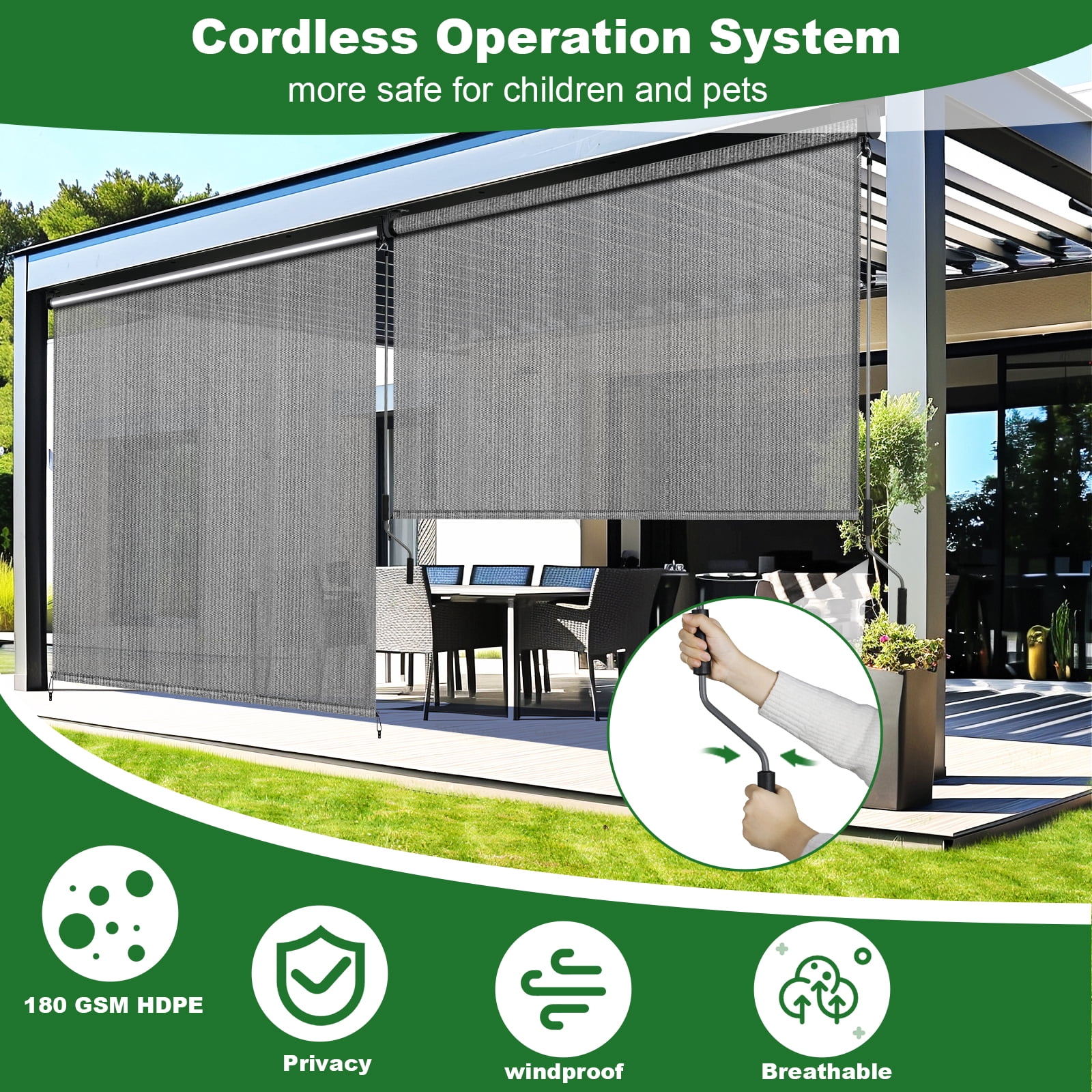 LIFERUN Outdoor Roller Sun Shade 8'W x 8'H, HDPE Shade Cloth & Aluminum Tube, Easy Install for Outdoor Pergola, Porch, and Garden (Gray)