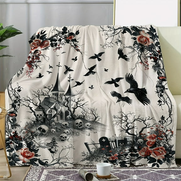 Gothic Victorian Throw Blanket with Skulls & Roses - Soft Polyester Flannel All-Season Luxury Blanket for Bed, Sofa, Car, Camping - Black & Red Victorian Gothic Design with Bats, Crows, Haunted House