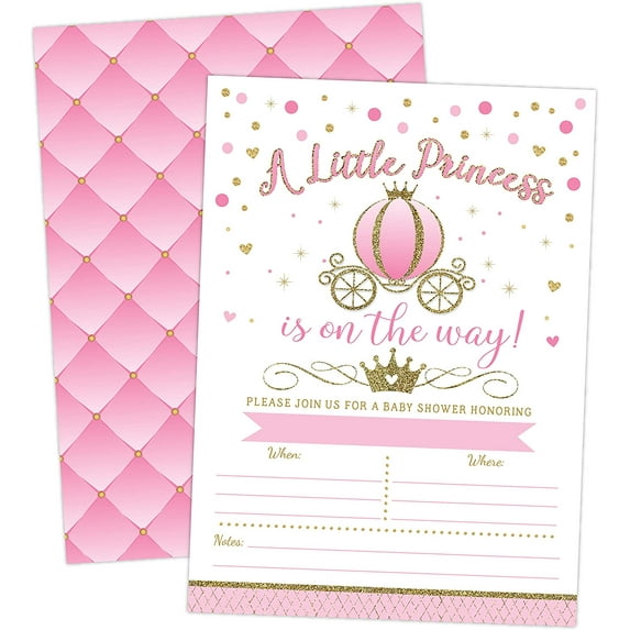 Princess Baby Shower Invitation, Royal Pink and Gold Carriage Baby Sprinkle, 20 Fill in Invitations and Envelopes