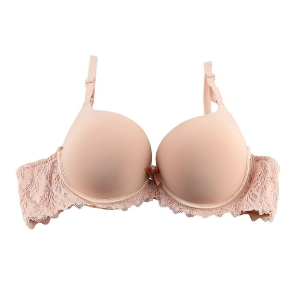 Ashirexll Bras for Women Spaghetti Adjustable Straps Breathable Thick Cup Lace Bra Soft Underwire Gathered Posture Support Push Up Bra Beige L
