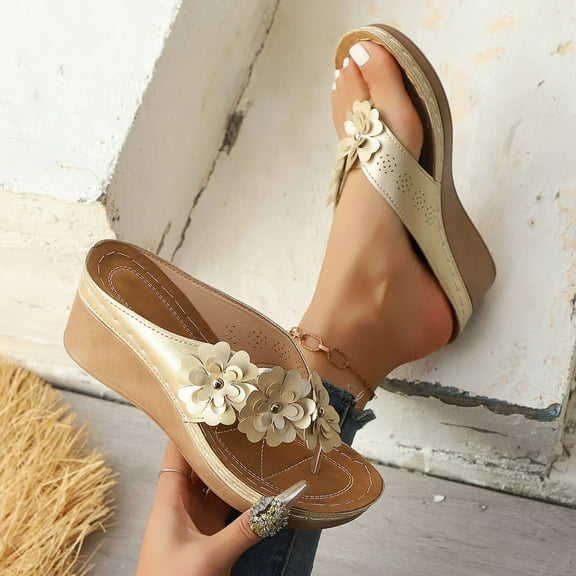 Wowcloth Women's Floral Strappy Beach Sandals - Casual Slip-On with Chunky Wedge Heel for Summer Outdoor Comfort,Plus Size