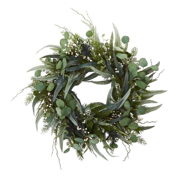 Pemberly Row 24" Eucalyptus and Mixed Greens Artificial Wreath in Green