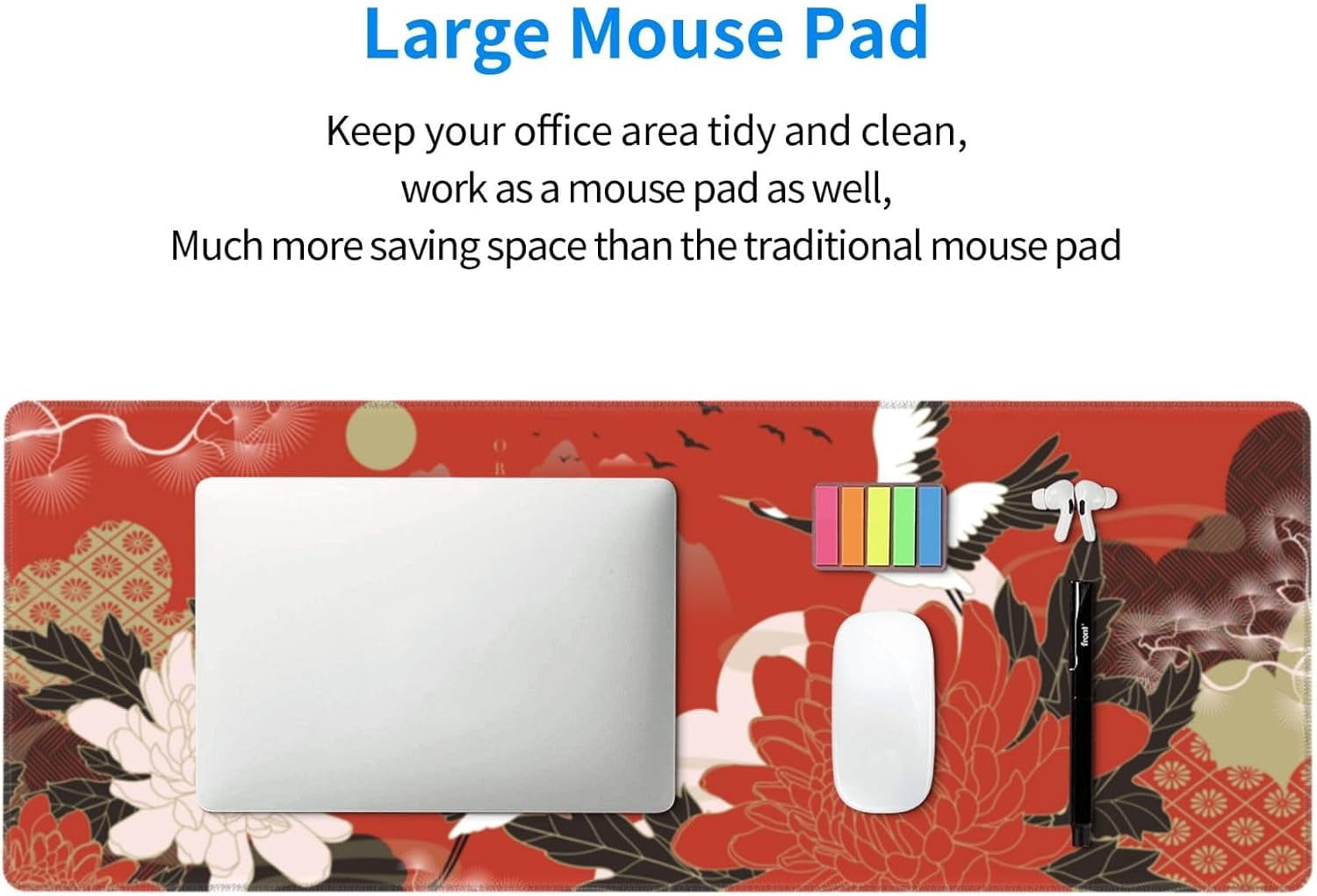 Japanese Crane Birds Mouse Pad, Waterproof Extended Large Gaming Mousepad Desktop, Big Long Non-Slip Mouse Mat for Laptop, Keyboard, Computer for Decor Office, (Red, 31.5 * 11.8 in)