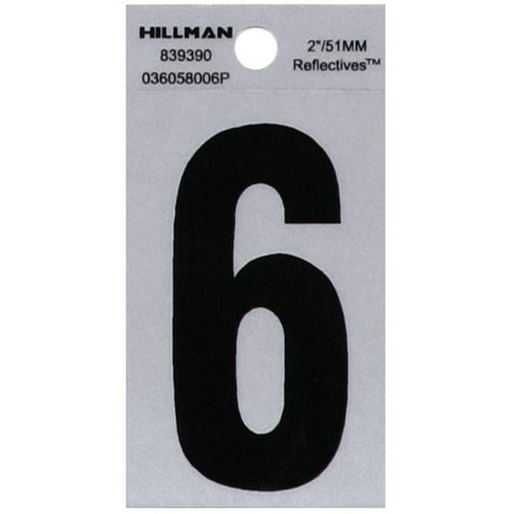 The Hillman Group 839390 2-Inch Black on Silver Reflective Square-Cut Mylar House, Number 6