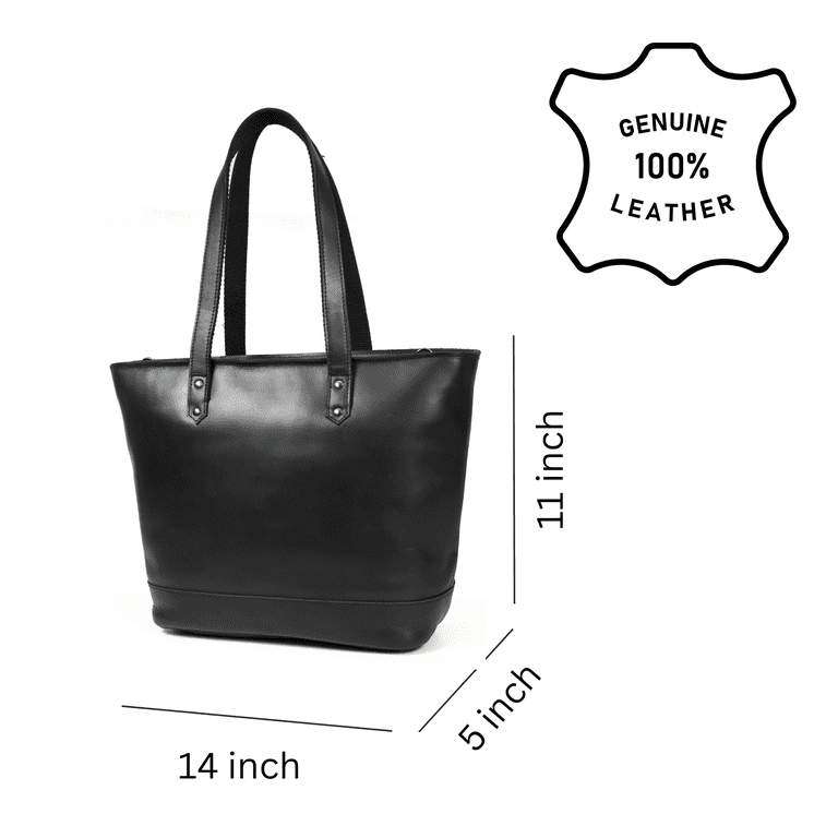 14 inch Genuine Leather Tote Bag with Laptop Compartment For Women - Raven  Black 