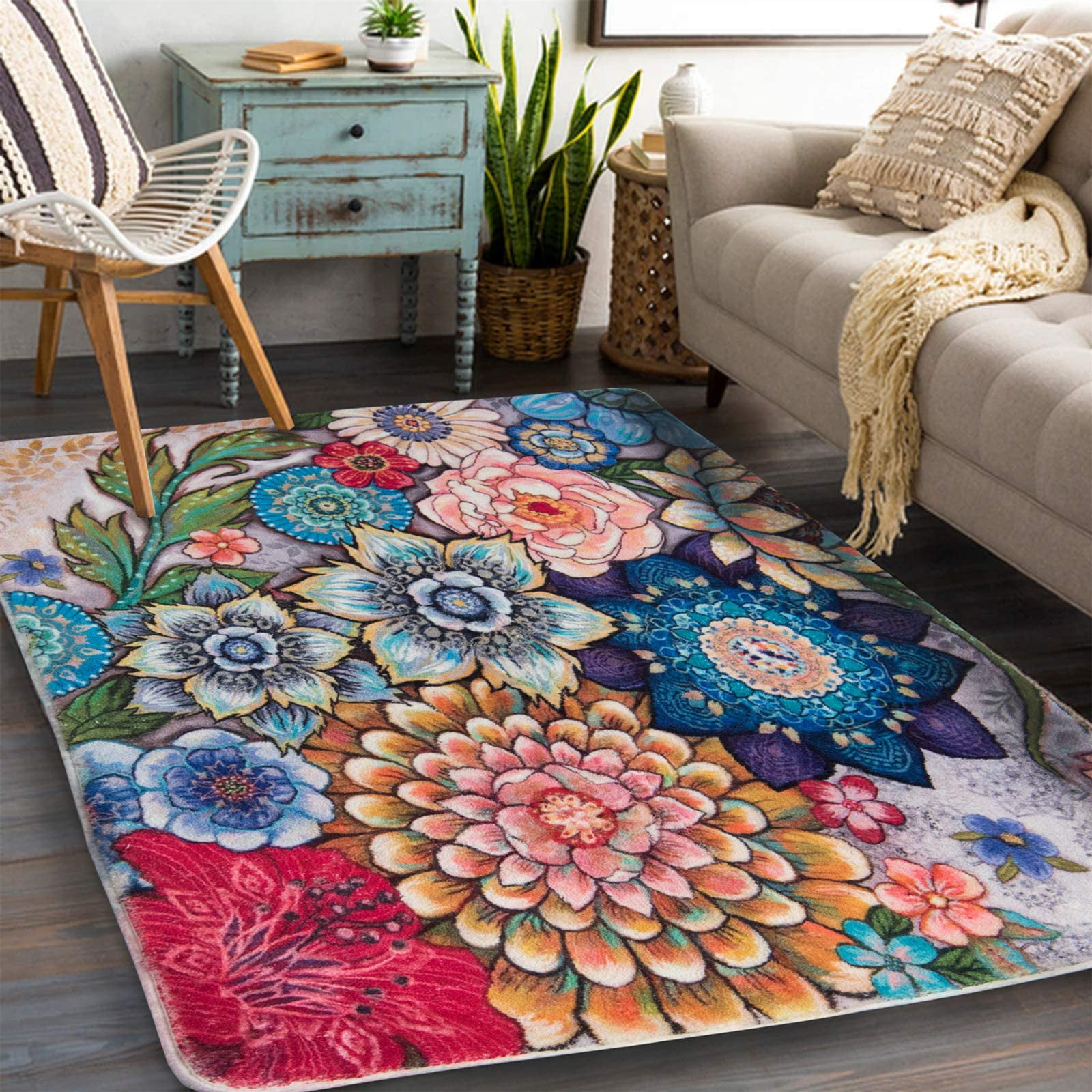 Large Area Rugs Flower Cute Printed Modern Floor Carpet No-Shedding Non-Slip Indoor Rug Home Décor 5' x 3'2