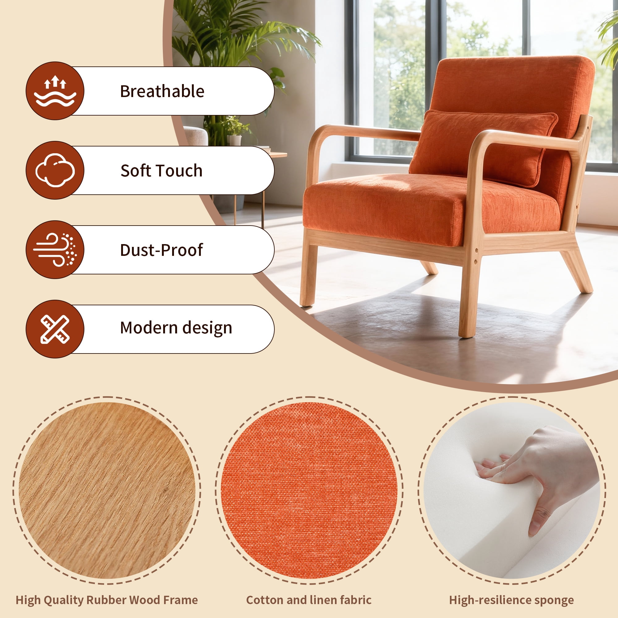 Jopath Accent Chair,Mid Century Modern Armchair with Solid Wood Frame and Detachable Lumbar Pillow for Living Room,Bedroom,Office(Orange)