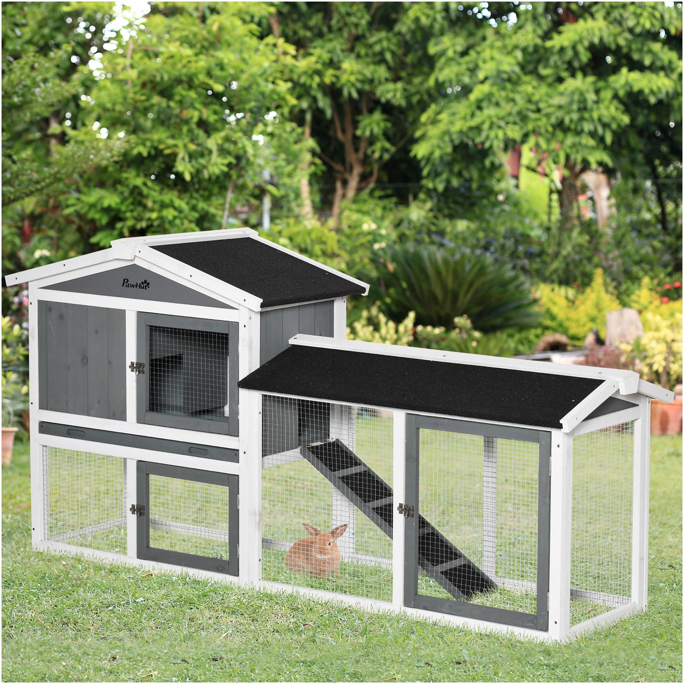 JERFIT Large Outdoor Rabbit Hutch with Run, White Wooden Bunny Cage House for Rabbits & Guinea Pigs, Waterproof Asphalt Roof, Pull-Out Tray, Ramp
