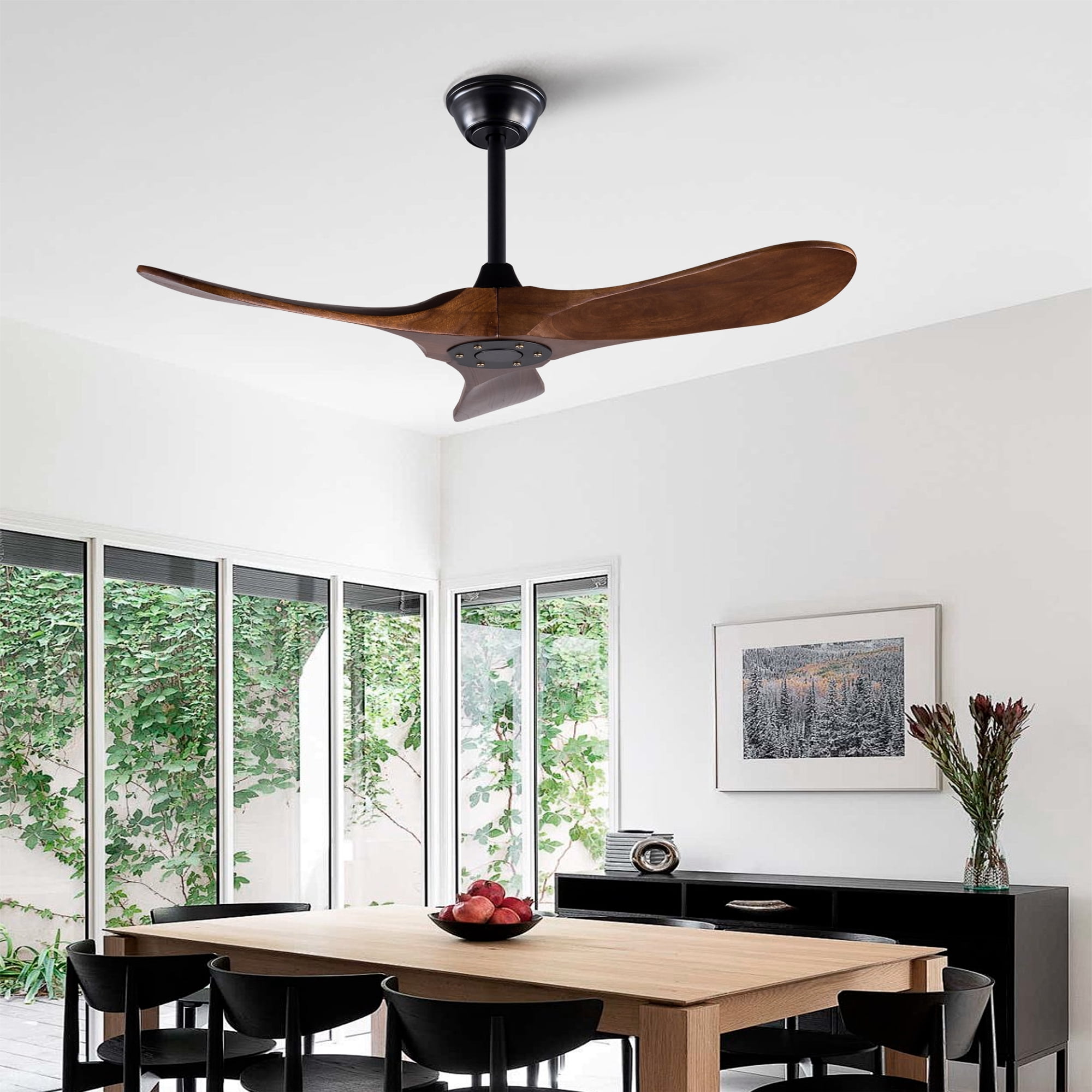 Ceiling Fan No Light, 42 Inch 3 Blades Solid Wood Outdoor Fan with Remote Control for Patio Living Room Bedroom, Black Dark Walnut