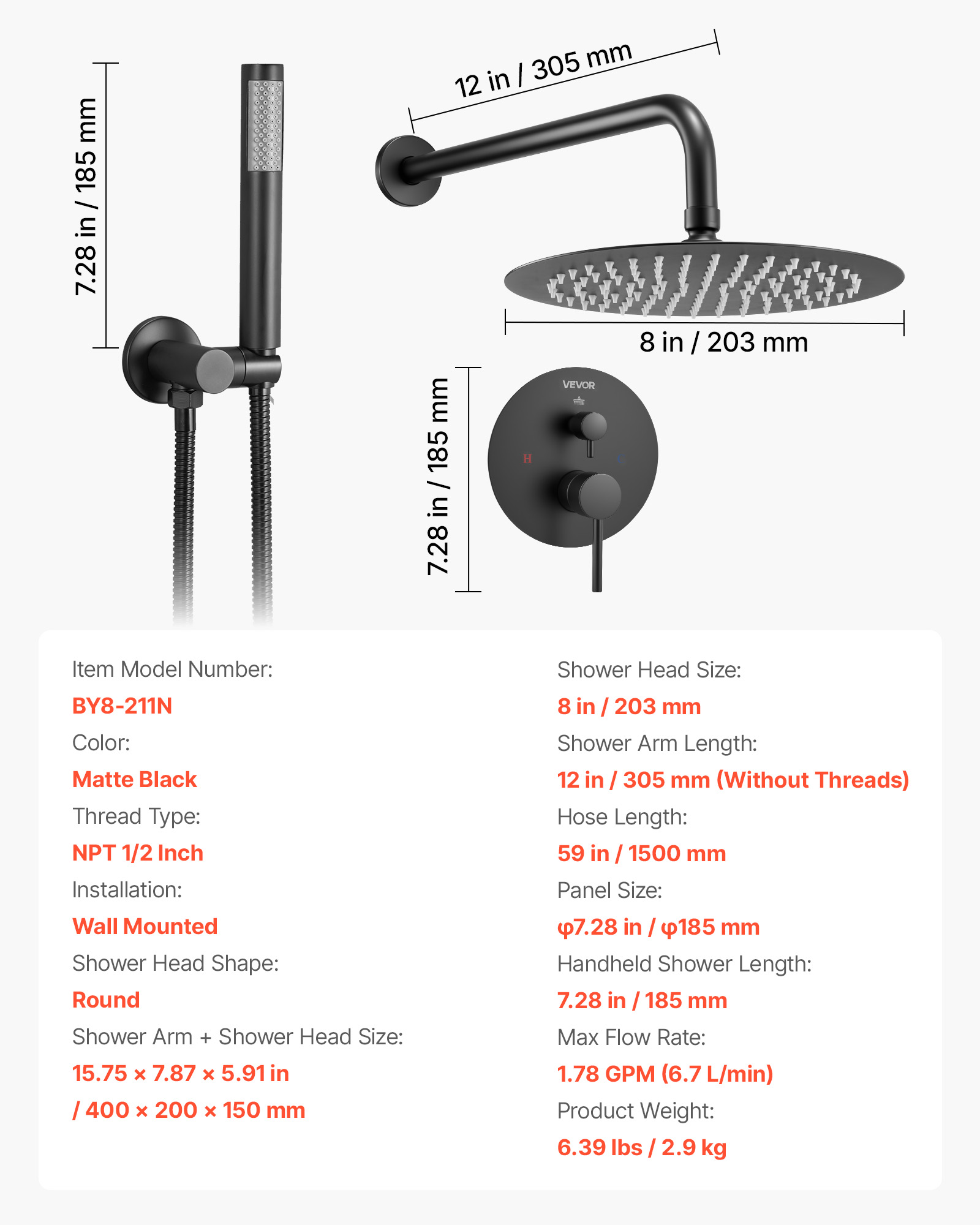 VEVOR Shower Faucet Set, Rainfall Bathroom Shower System with 8-Inch Round Rain Shower Head and Handheld Spray, Wall Mounted Bath Fixtures with Brass Valve and Trim Kit, Matte Black