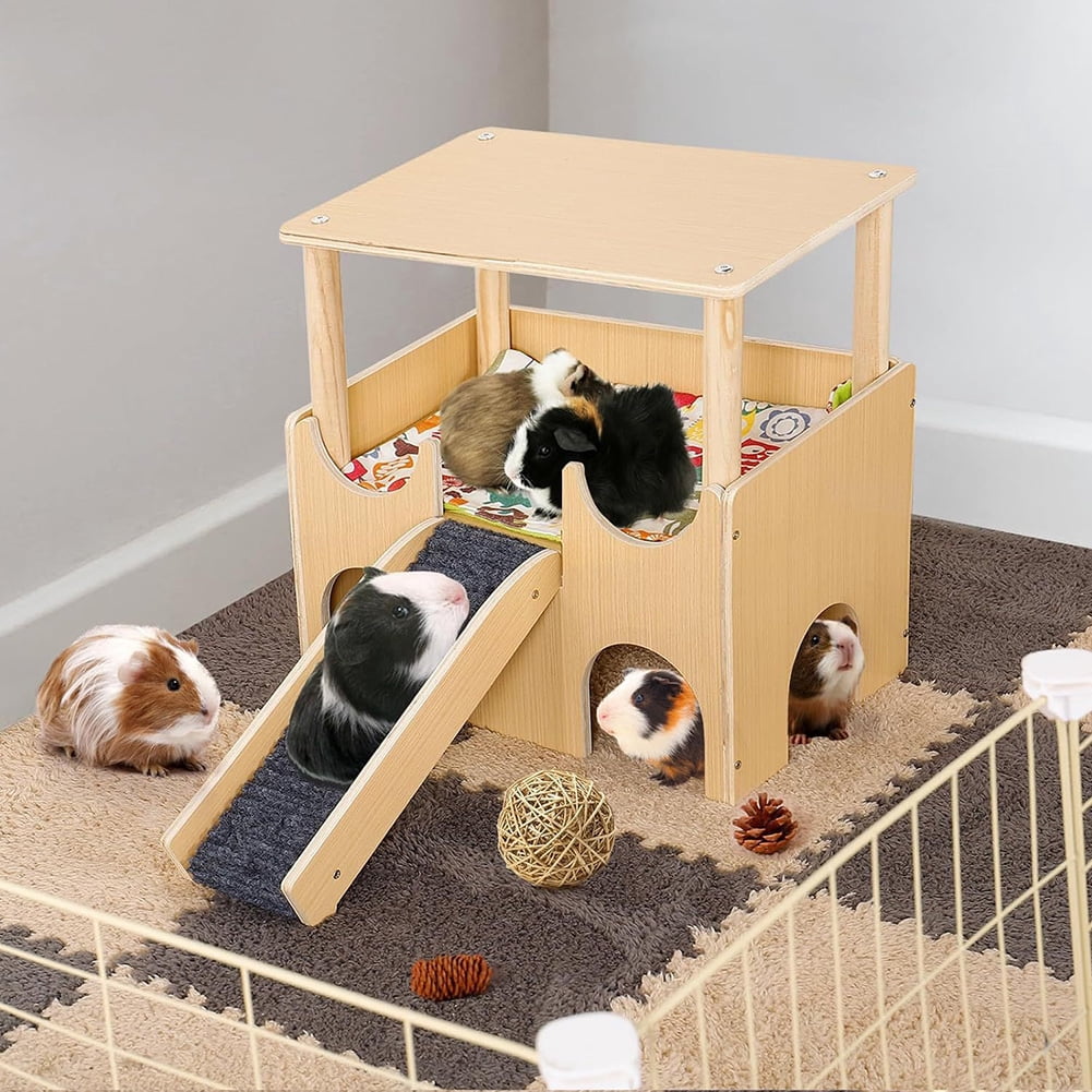 Qiyester Guinea Pig Castle Wooden Hamster House Animal  Hideout Habitat with Stairs for Chinchilla Hedgehog Rabbit Bunny