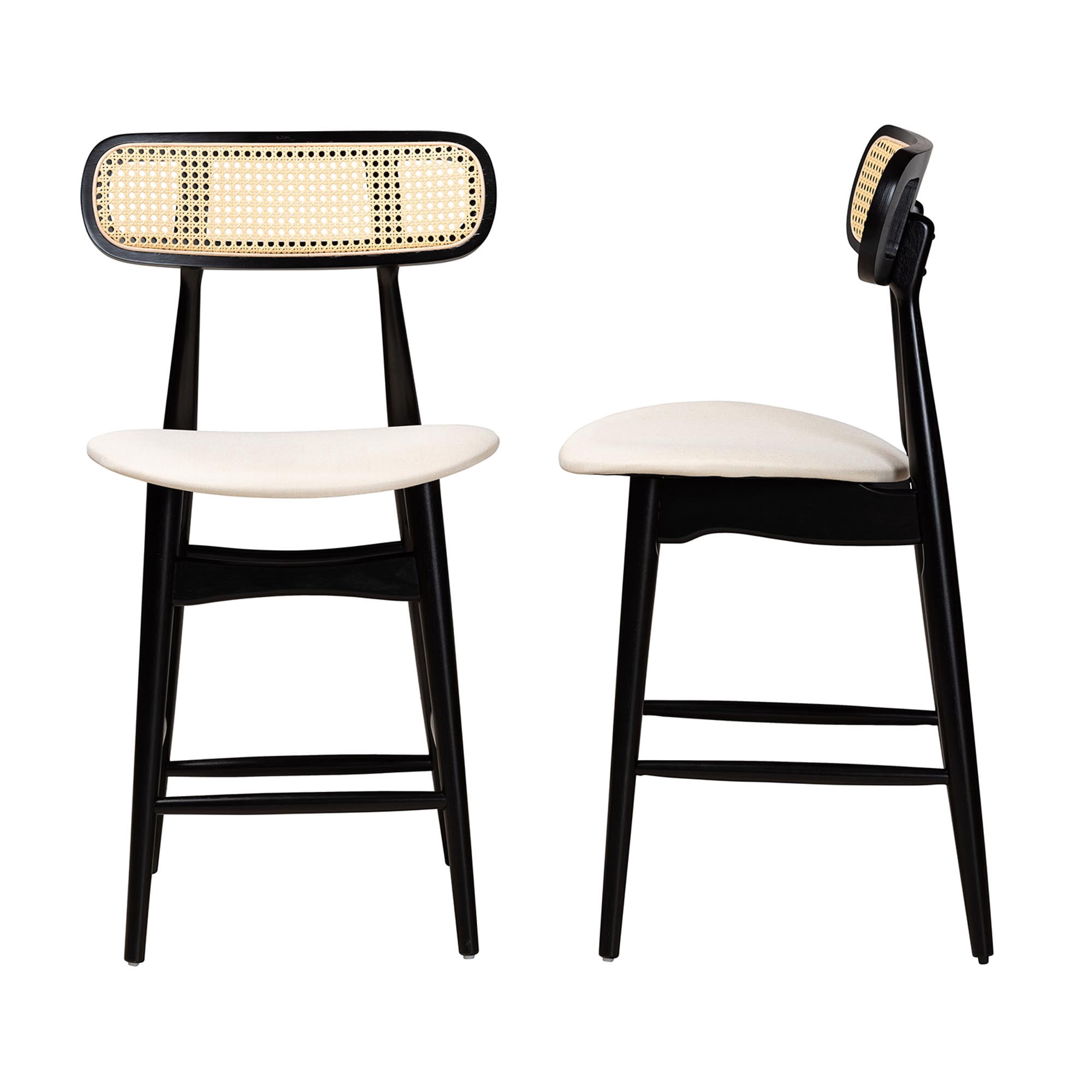 Baxton Studio Tarana Mid-Century Modern Cream Fabric and Black Finished Wood 2-Piece Counter Stool Set
