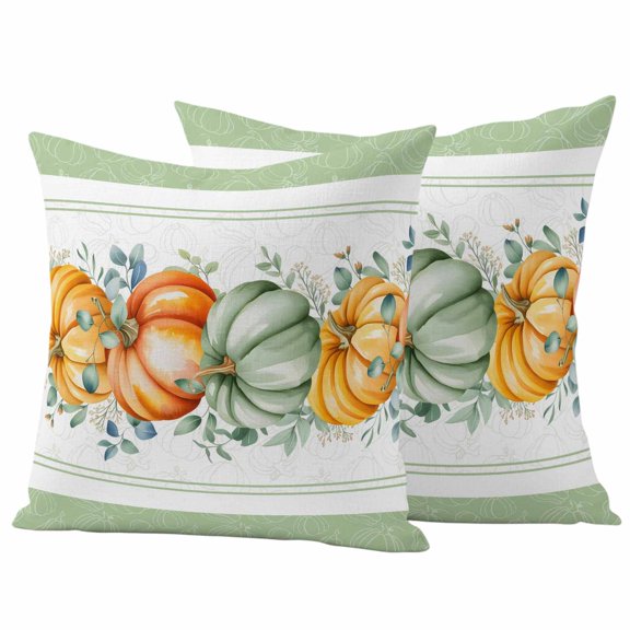 Outdoor Pillow Covers 26 x 26 Inches, Thanksgiving Waterproof Throw Pillow Cover Set of 2, Fall Sage Green Pumpkin Eucalyptus Leaf Decorative Square Cushion Covers for Patio/Tent/Couch/Garden