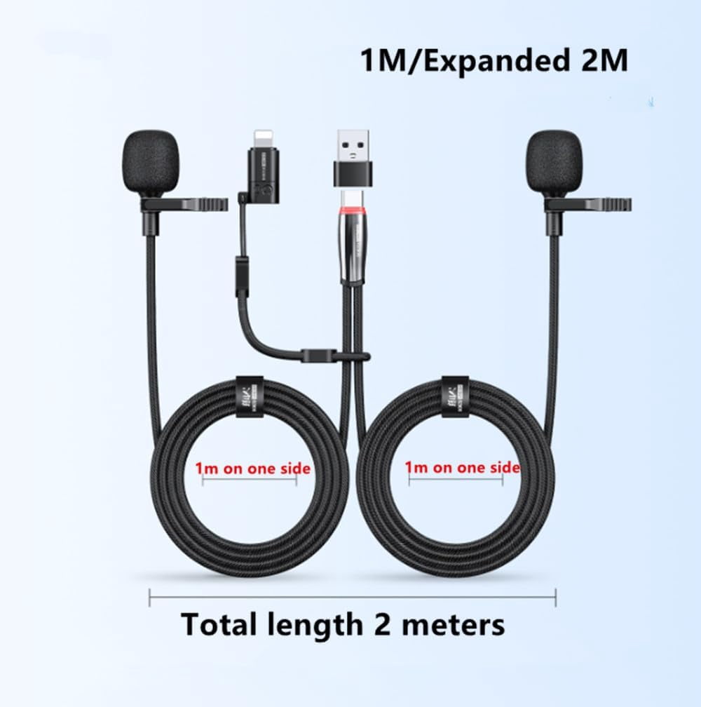 KOMI Dual Head Dual Channel Stereo Lavalier Microphone;Two microphones for Radio reception,96KHZ/24BIT Recording;Interview Audio Recording,Karaoke Live Streaming for Android,Apple Devices (1 M)
