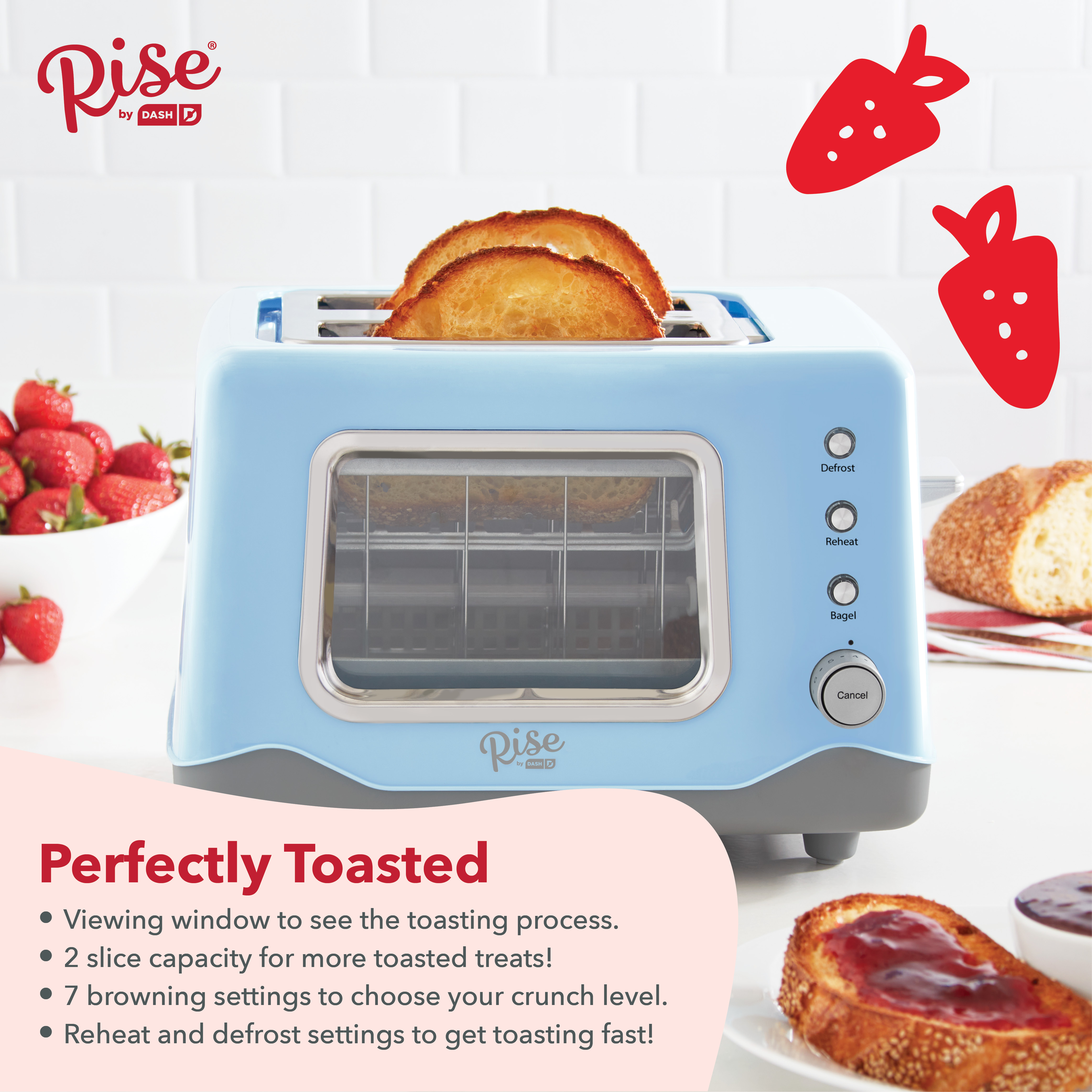 Rise by Dash Clear View Window 2-Slice Toaster Blue - Defrost, Reheat, Bagel, Auto Shut off, New - image 3 of 7