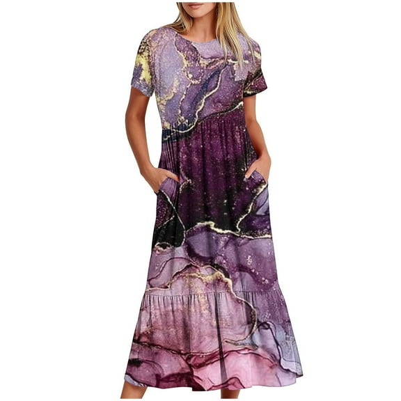 Generic Women's Summer Dress Casual V Neck Short Sleeve Fshion Print Dresses Elastic Waist Pleated Flowy Beach Short Dress