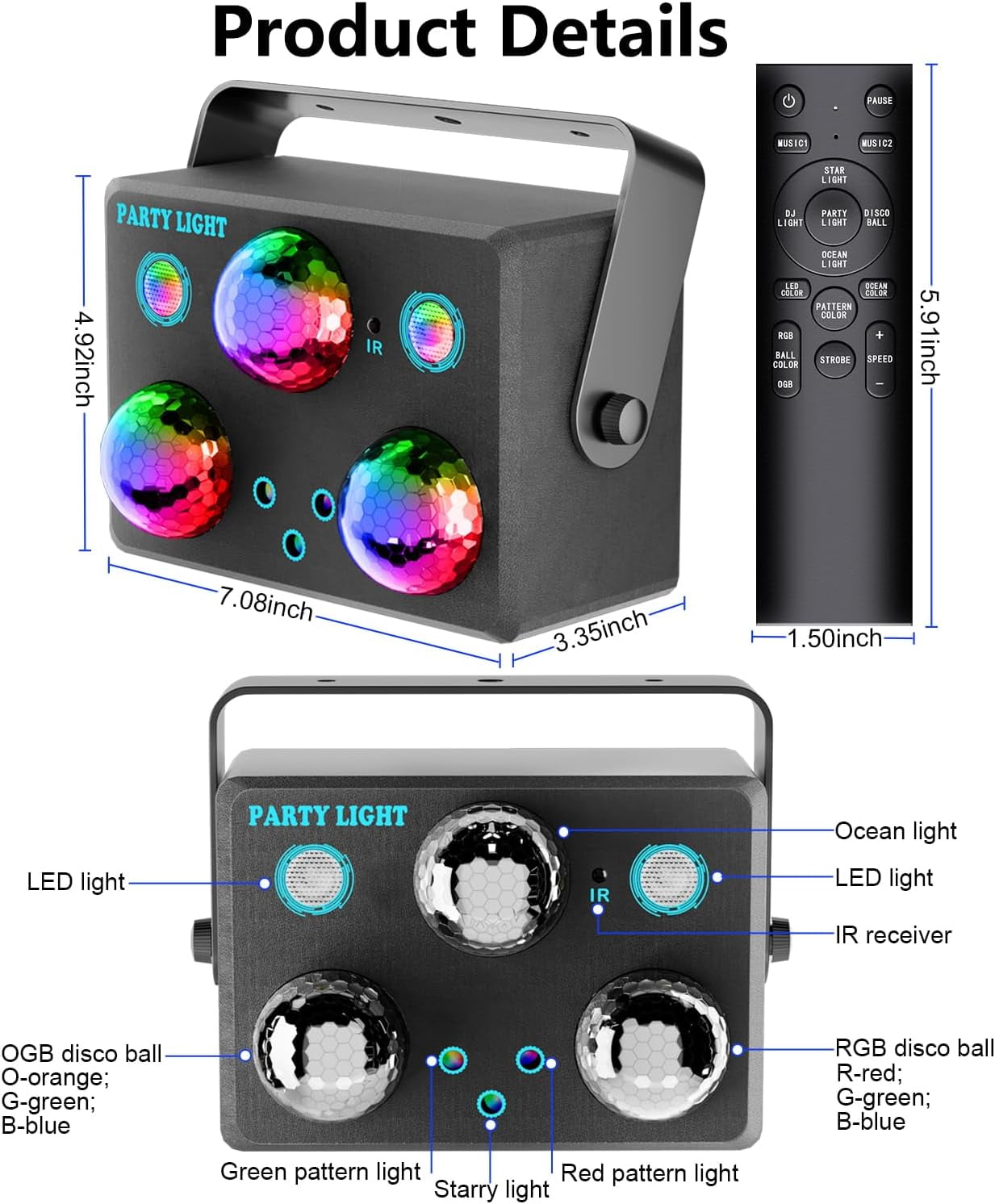 DJ Disco Stage Party Lights, LED Sound Activated Laser Light RGB Flash Strobe Projector with Remote Control for Christmas Halloween Decorations Karaoke Pub KTV Bar Dance Gift Birthday Wedding
