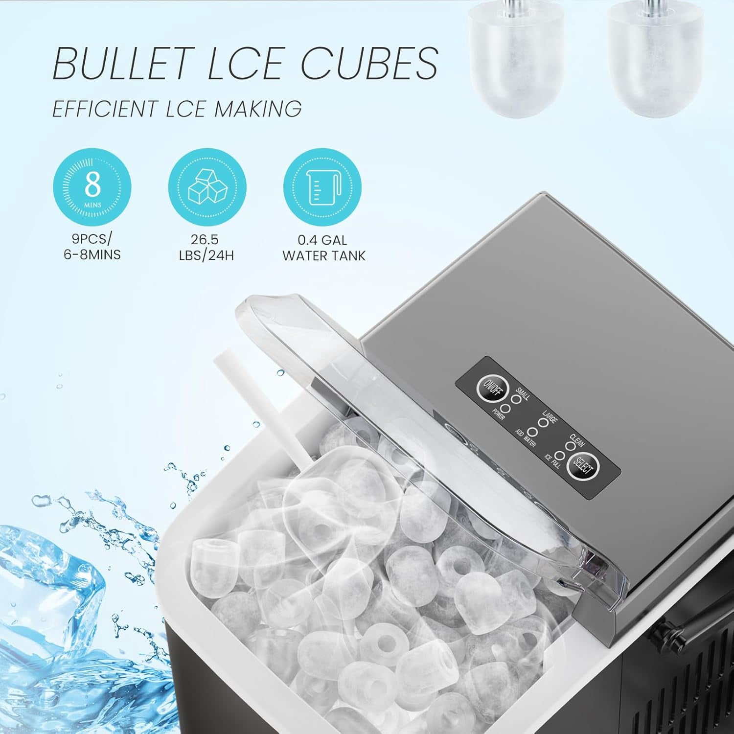 Portable Ice Maker Countertop, 6-Minute 9-Bullet Ice Cubes with Basket and Scoop, 26lbs Daily, Auto-Cleaning, for Home Kitchen RV Camping in White