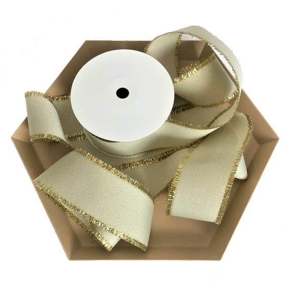Beige & Gold Grosgrain Ribbon 1 1/2 inch, 10 Yards | 1.5 Inch, Fabric Ribbon with Metal Trim