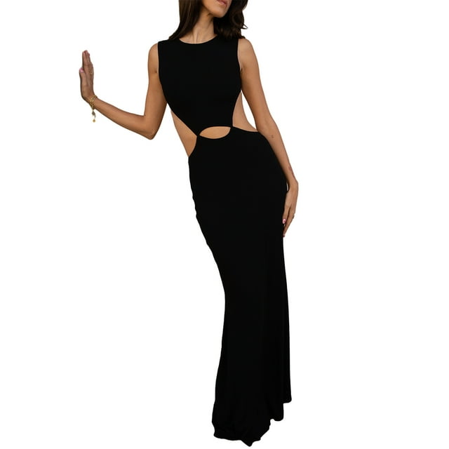 xiaxaixu Robe Longue Moulante Femme Couleur Unie Col Rond Découpé Sans Manches Robe Été Dos Nu Robe de Soirée