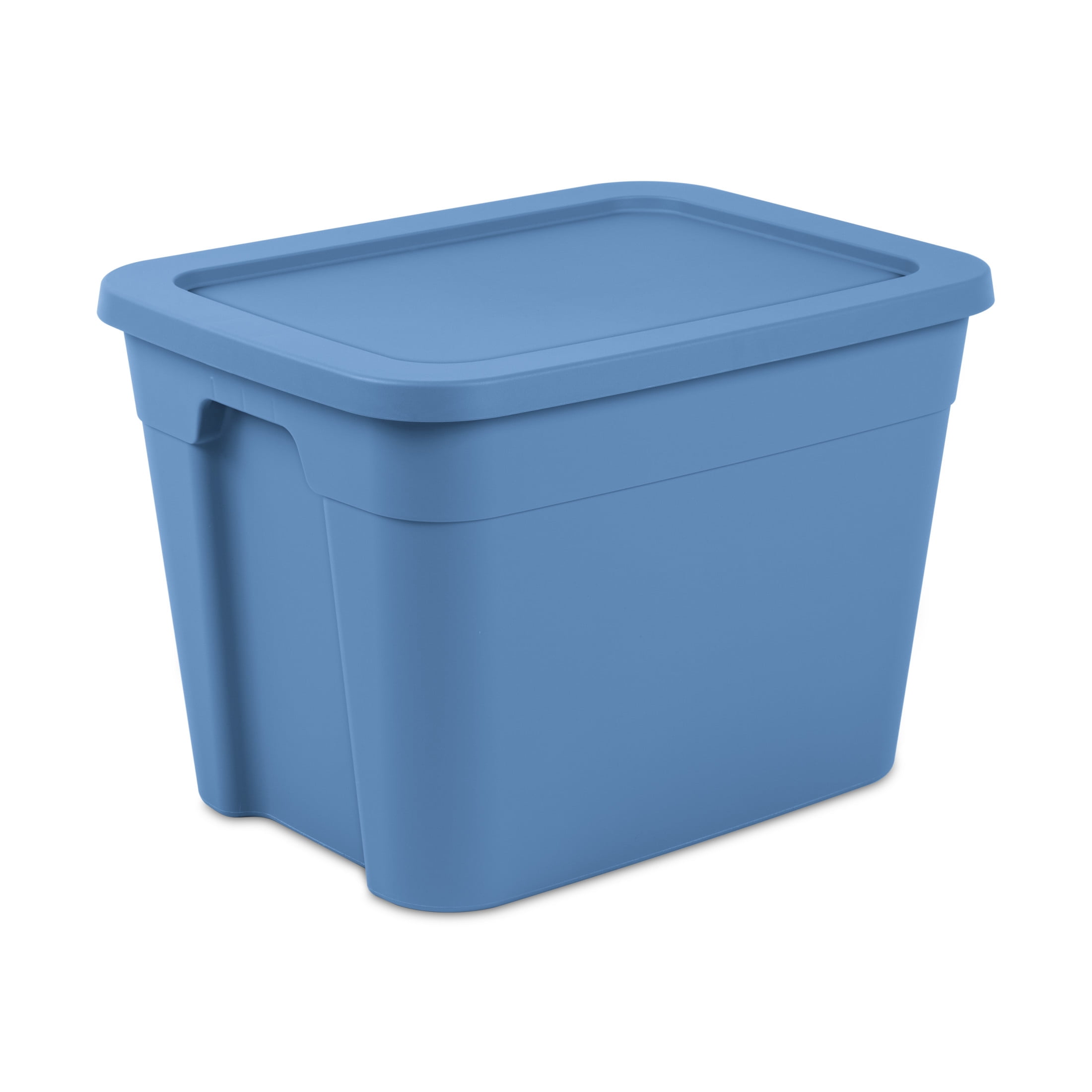 (4 pack) Sterilite 18 Gallon Tote, Plastic Storage Bin with Snap-on Lid, Stackable, Blue