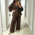 thumbnail image 6 of Womens Cotton Linen Sets 2 Piece Oversized V-neck Loose Top and Wide Leg Pants Sets Casual Vacation Outfits Coffee S, 6 of 6