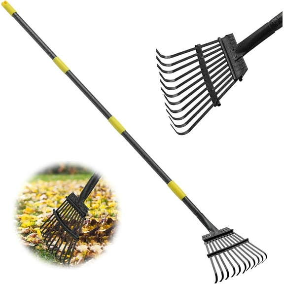 Small Rake for Leaves, 72 inch Adjustable Handle 11-Tines Metal Collapsible Rake for Gardening, Outside, Yard