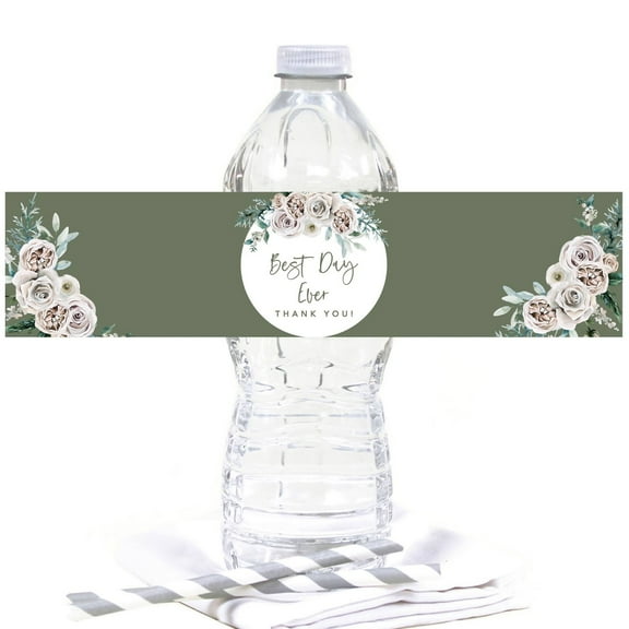 Koyal Wholesale Sage Green | Cream Floral Blossoms Fall Wedding, Water Bottle Label, Best Day Ever Thank You, 20-Pack