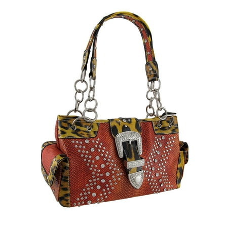 Leopard Print Hobo Bag - Snakeskin Leopard Print Trim Rhinestone Buckle Concealed Carry Purse