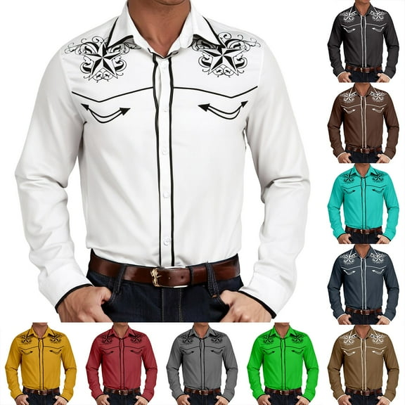 MNCEKFOD Mens Shirt Summer 2025 Retro Western Denim Pattern Printed Casual Loose Fit Lapel Long Sleeved Relaxed Fit Mens Tops Black L